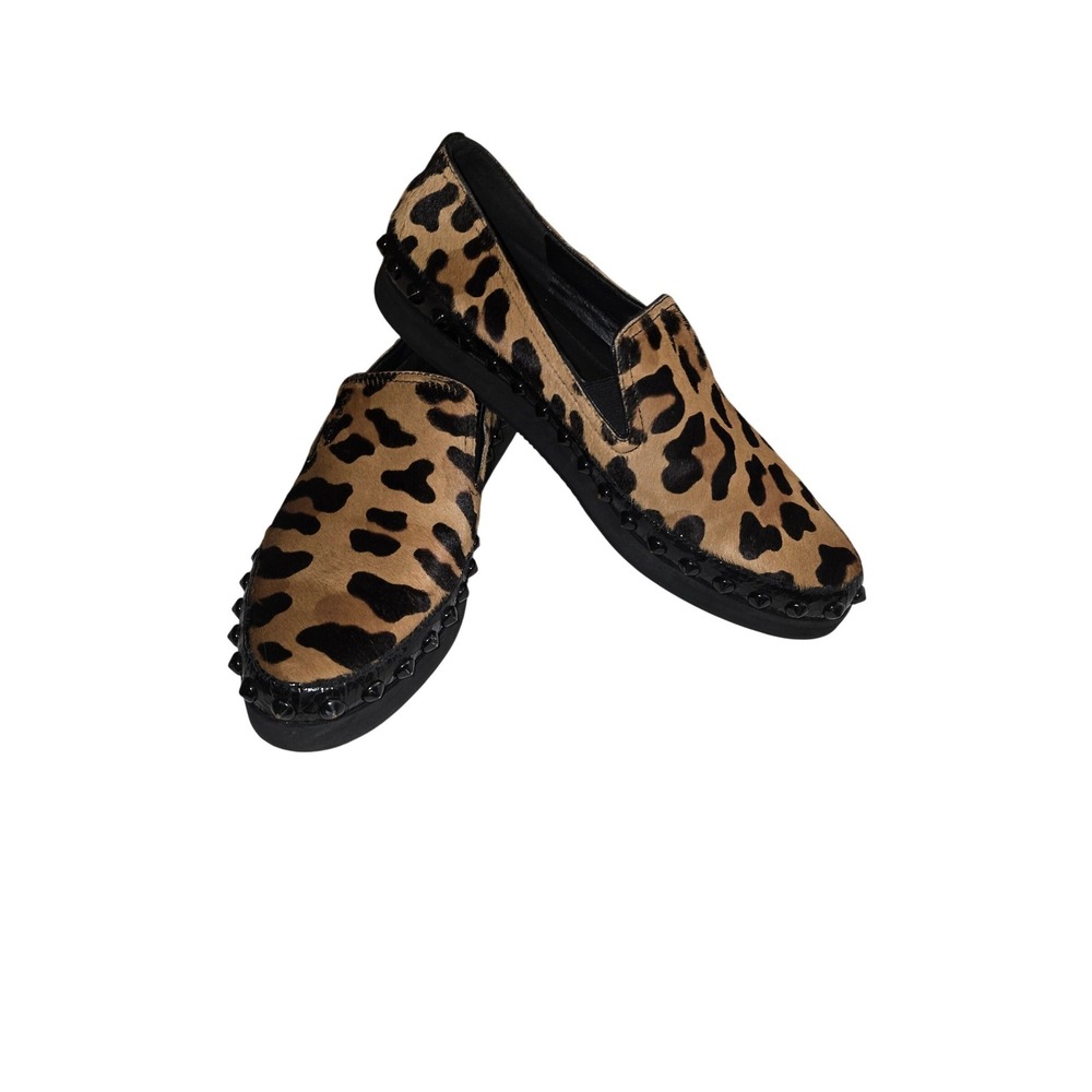 Prada Leopard Calf Hair Studded Platform Slip On Italian Loafers Womens 38 US 8